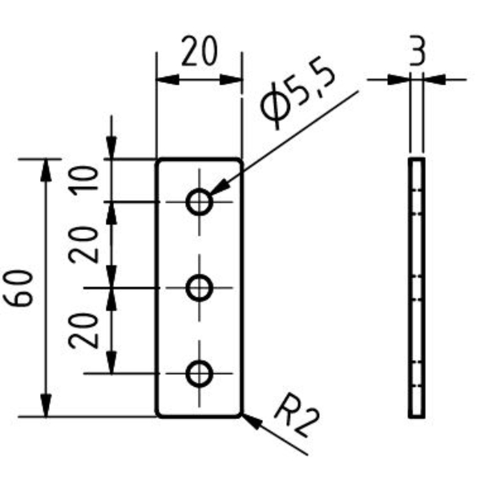 Placa de conexión de aluminio con láser 20x60x3 3 agujeros 20er